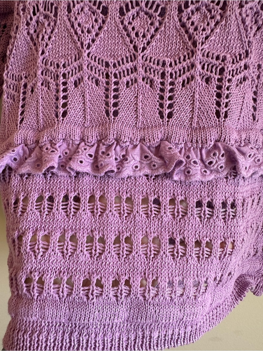NWT Women’s M Zara Pointelle Knit Crochet Crop Sweater Purple Puff Sleeves - Picture 7 of 7